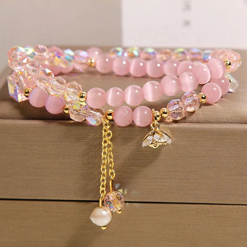 New Chinese style opal double ring bracelet for women with gold-plated cat eye crystal and zircon flower