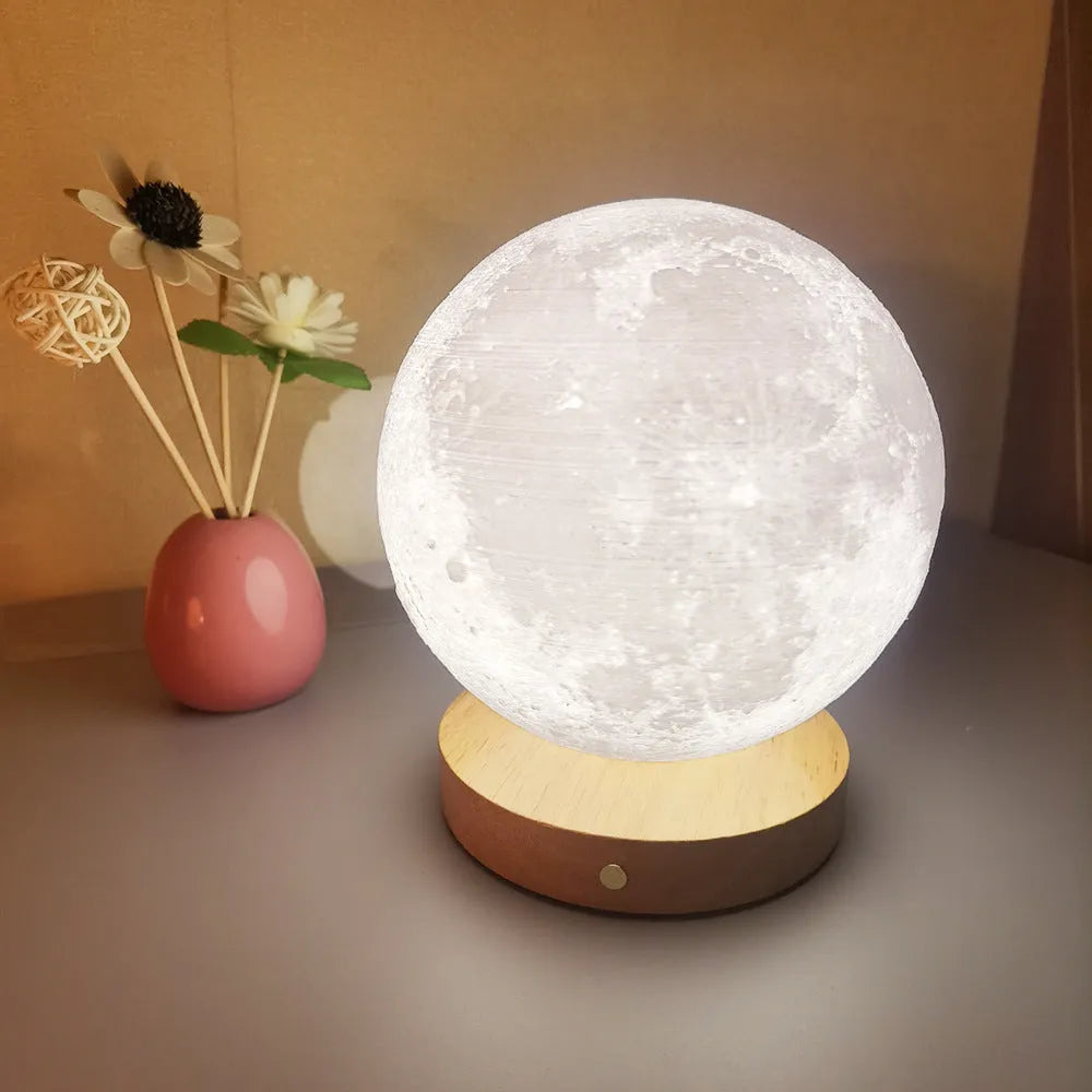 Rotating sleeping moon night lamp with wooden base in Nordic style