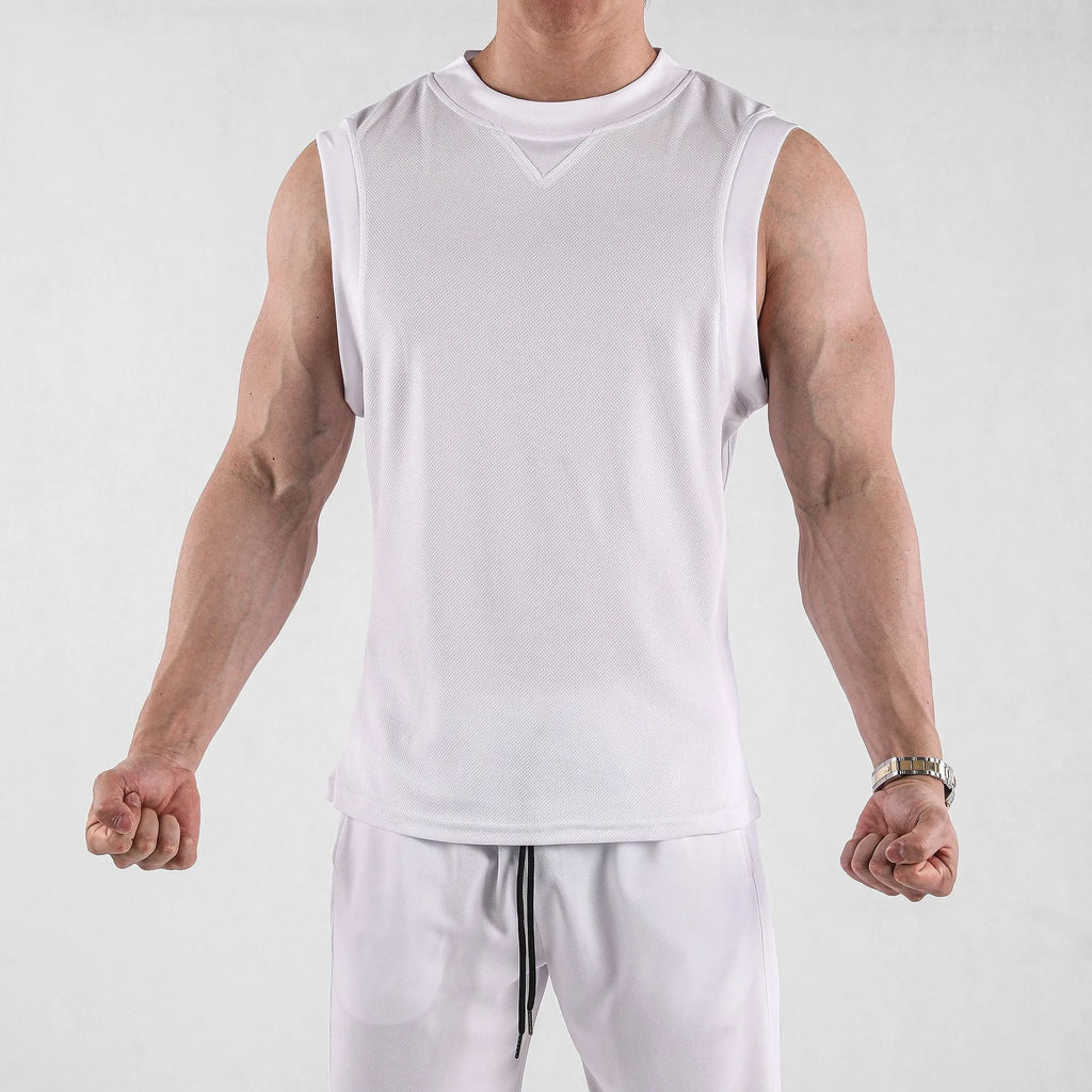 Men's loose fit summer sports vest in white and black colours with chemical fibre blend fabric