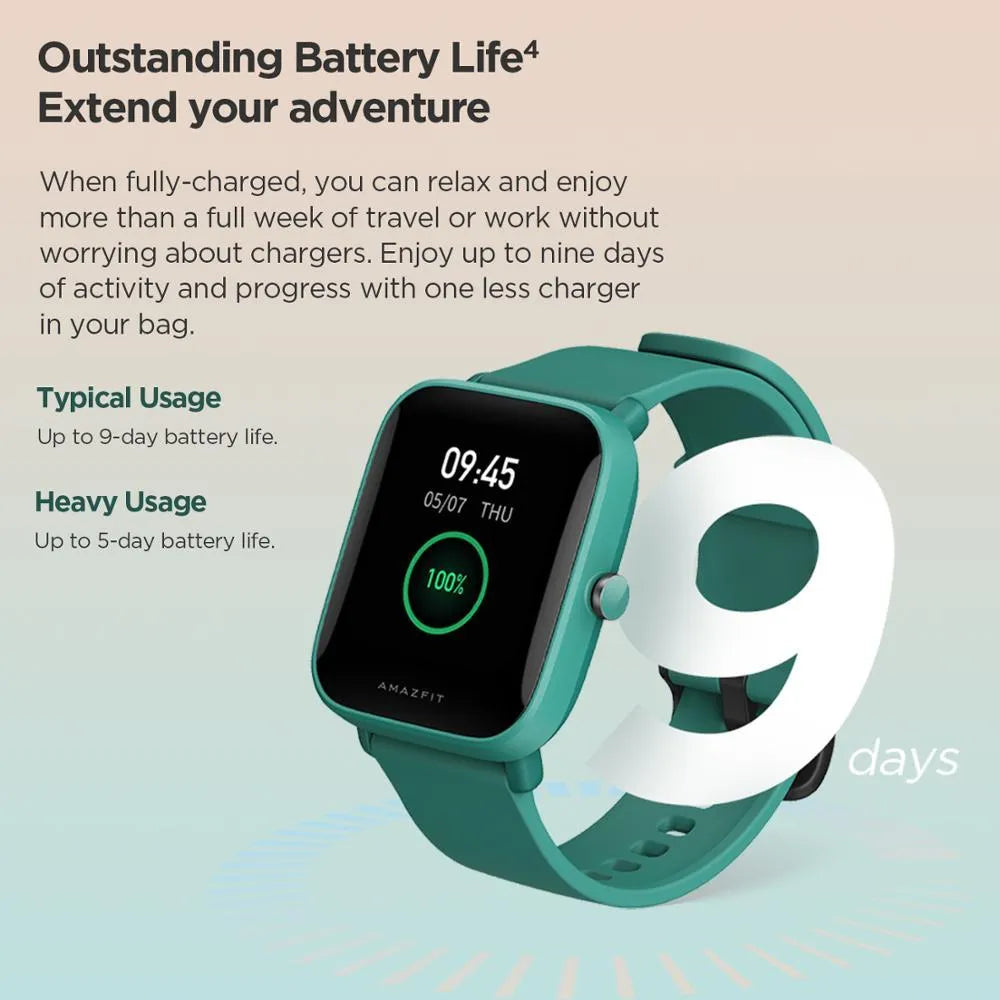 Smart watch with green silicone strap showing blood oxygen monitoring on a colour screen