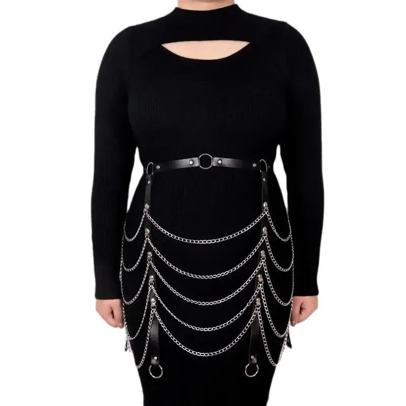 Black PU leather adjustable waist chain with metallic chain detailing for women