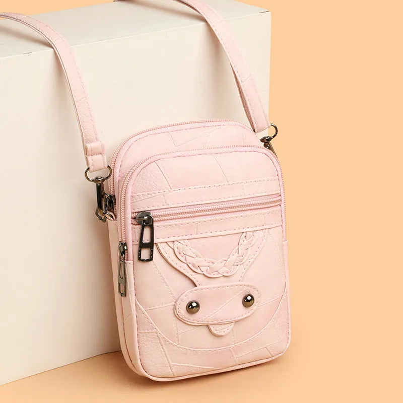 Soft leather retro mobile phone bag showing square vertical design with weaving patterns and decorative rivets