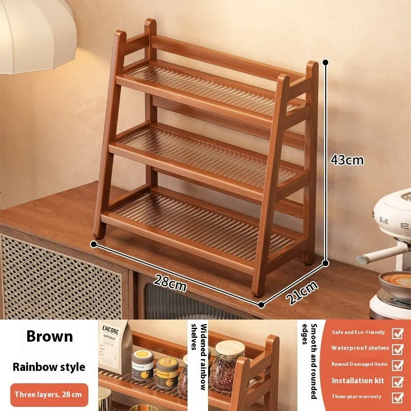 Bamboo and acrylic 2-layer tabletop teacup storage rack in primary colour with cups placed on shelves