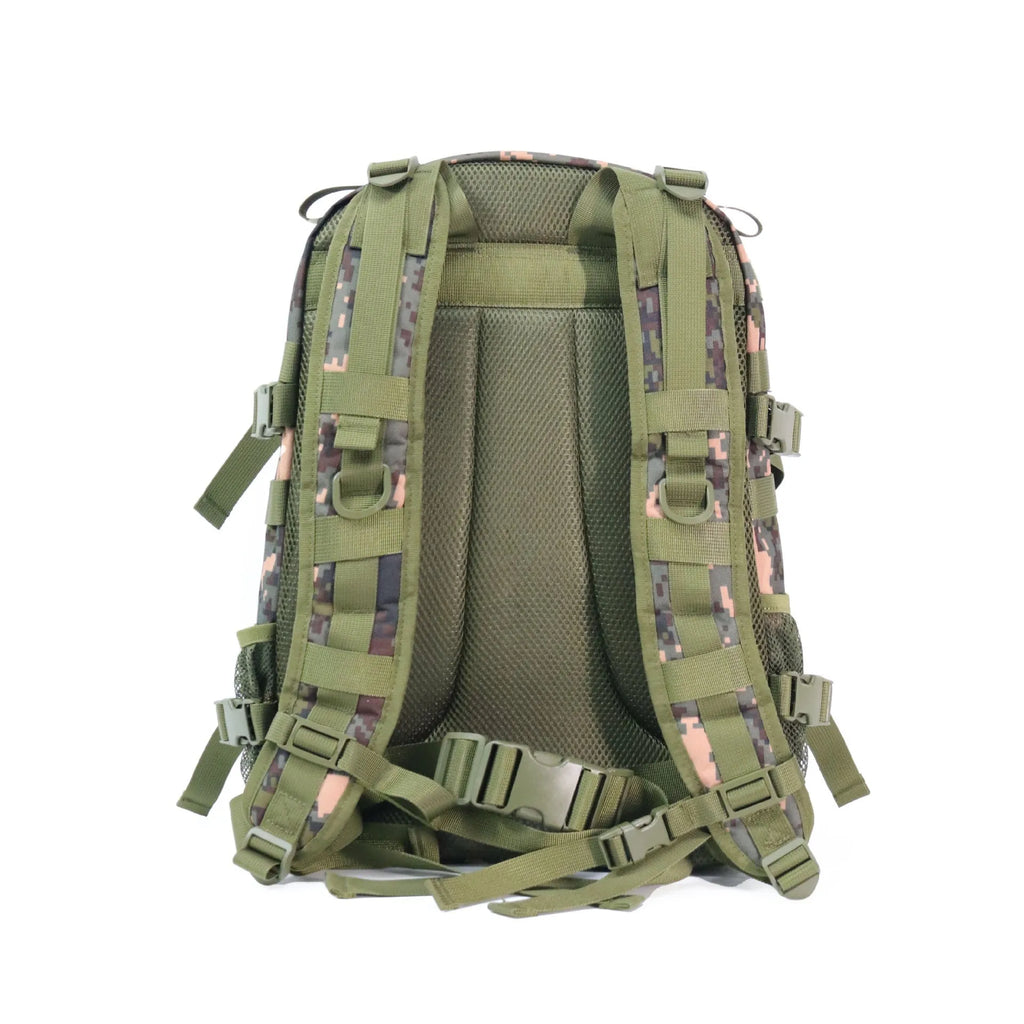 Green camouflage waterproof outdoor rucksack with black straps and a 20-litre capacity.