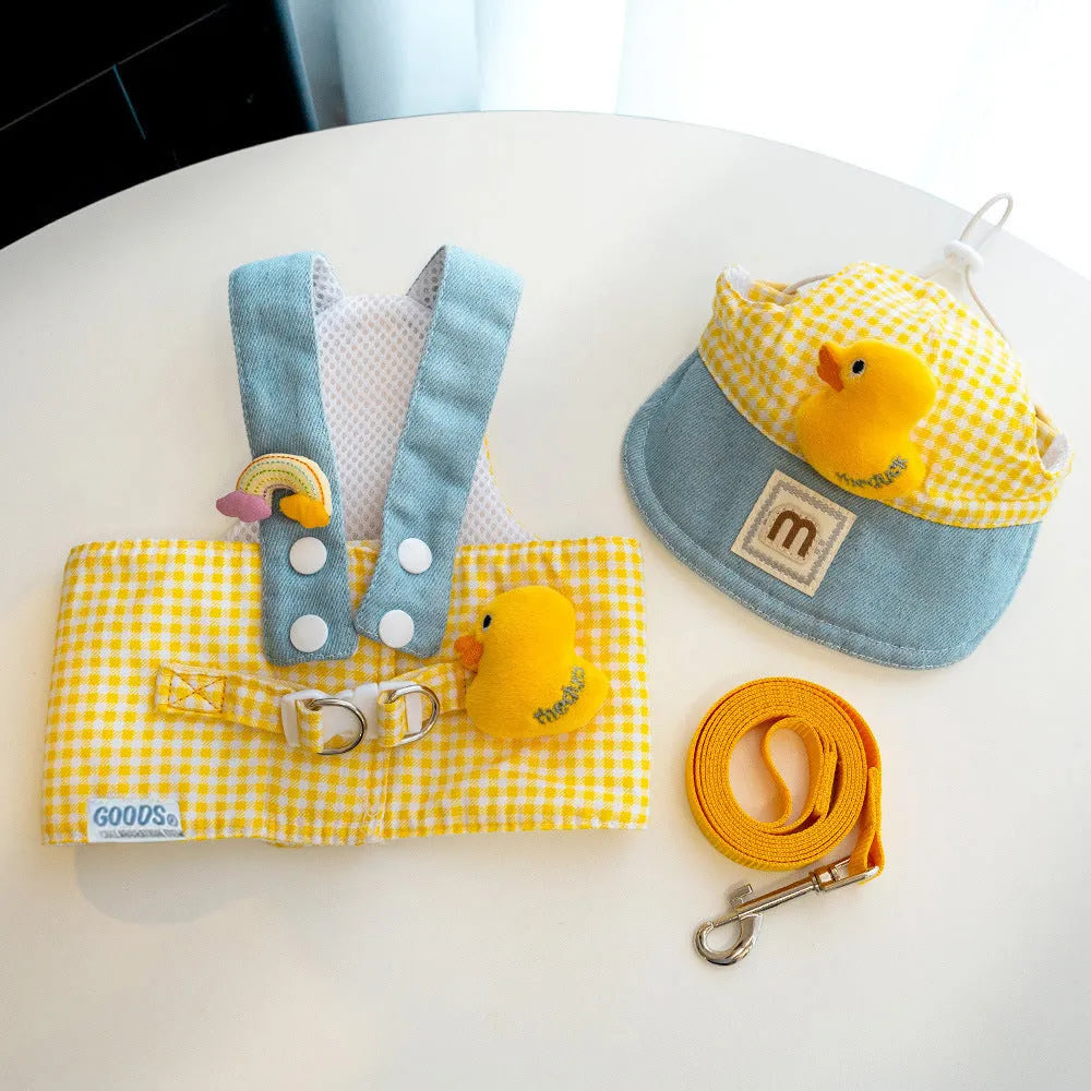 Pet summer outfit set with cat clothes, hat, and wire rope dog harness leash in bright colours