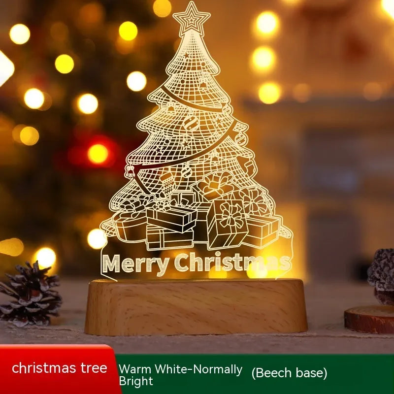 3D acrylic Christmas LED night light showing elf, tree, and reindeer designs in colour and wood grain finishes
