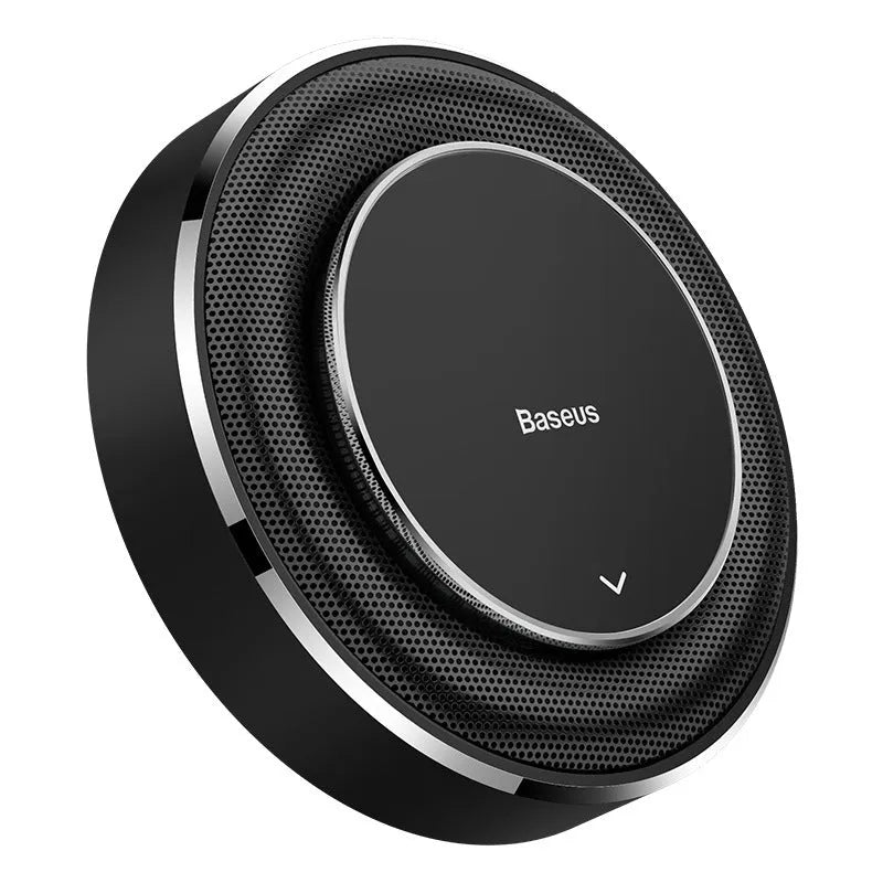 Round aluminium alloy car fragrance diffuser in black, red, or silver with aromatherapy tablets.