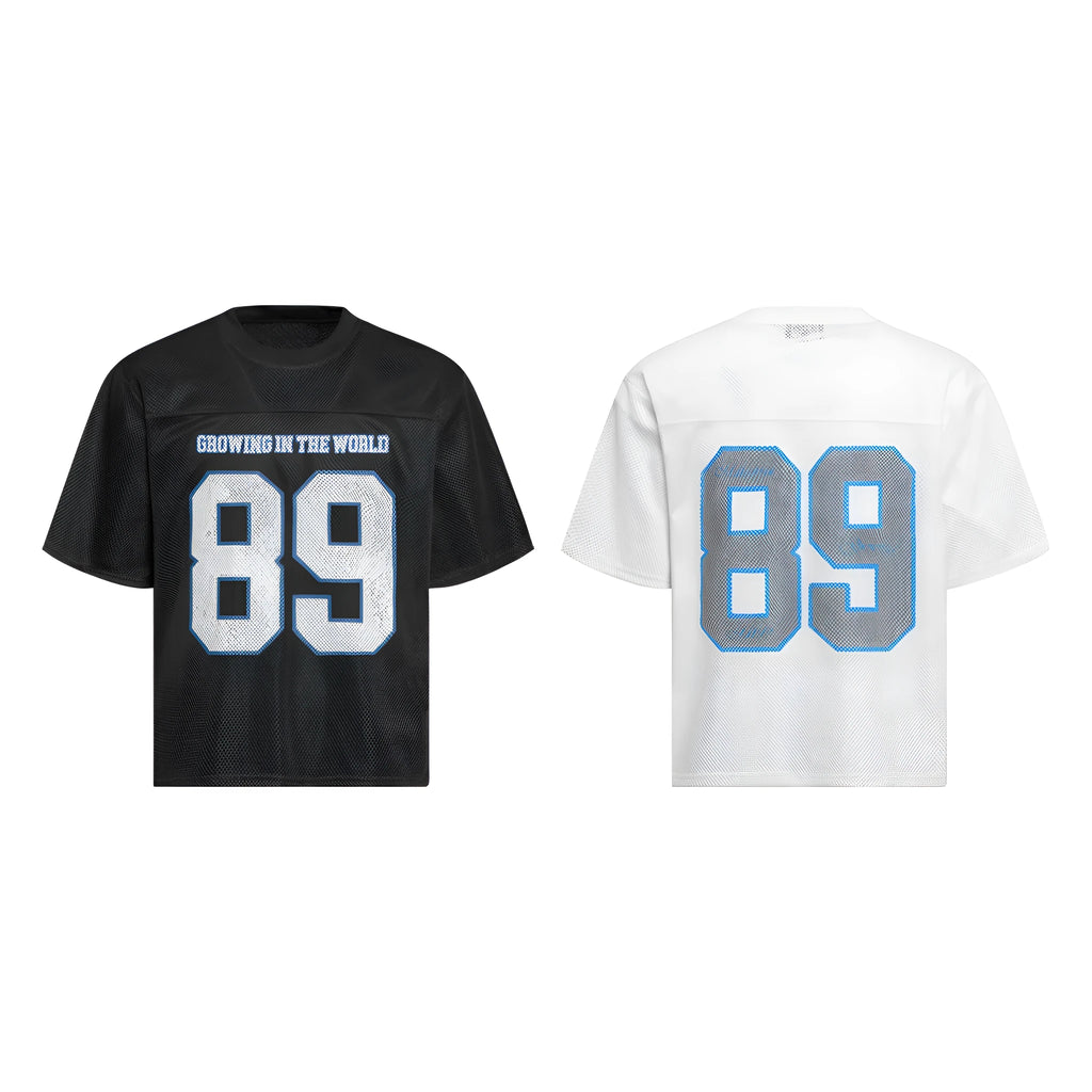 Men's black and white loose fit casual T-shirt with alphanumeric print on chest.