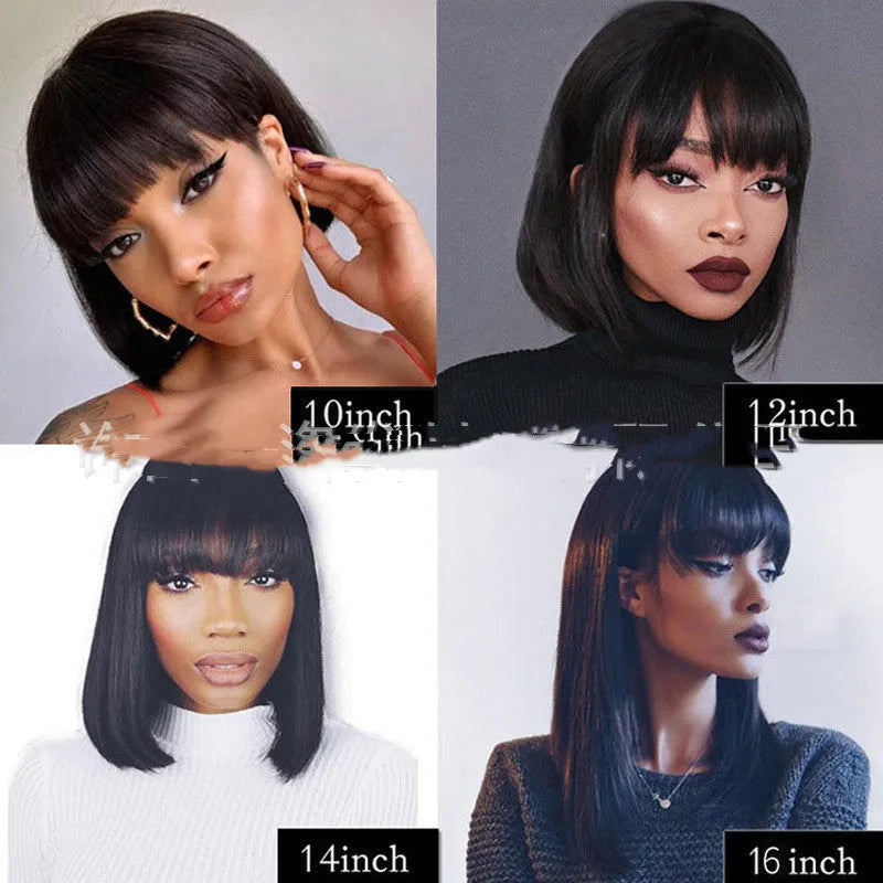 Real hair wig with Qi bangs, long straight bob style, Mechanism B gear wave colour, available in 6 to 16 inch lengths.