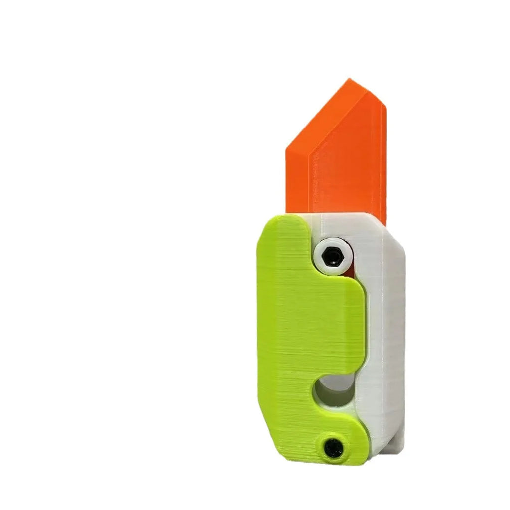 3D printed plastic gravity carrot knife fidget toy in orange, purple, and green colours.