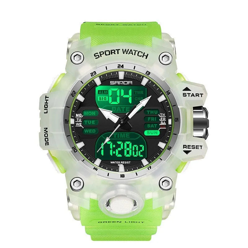 Sanda transparent green light photoelectric alarm clock with black strap and display in a simple style