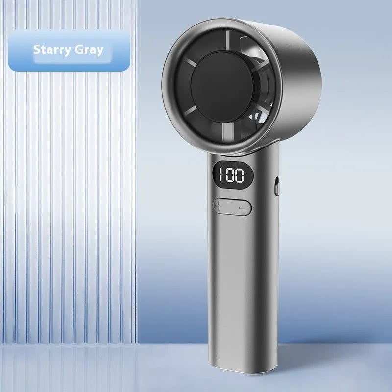 Handheld fan with variable speed control, shown in one of four colour options: green, khaki, silver, or white.