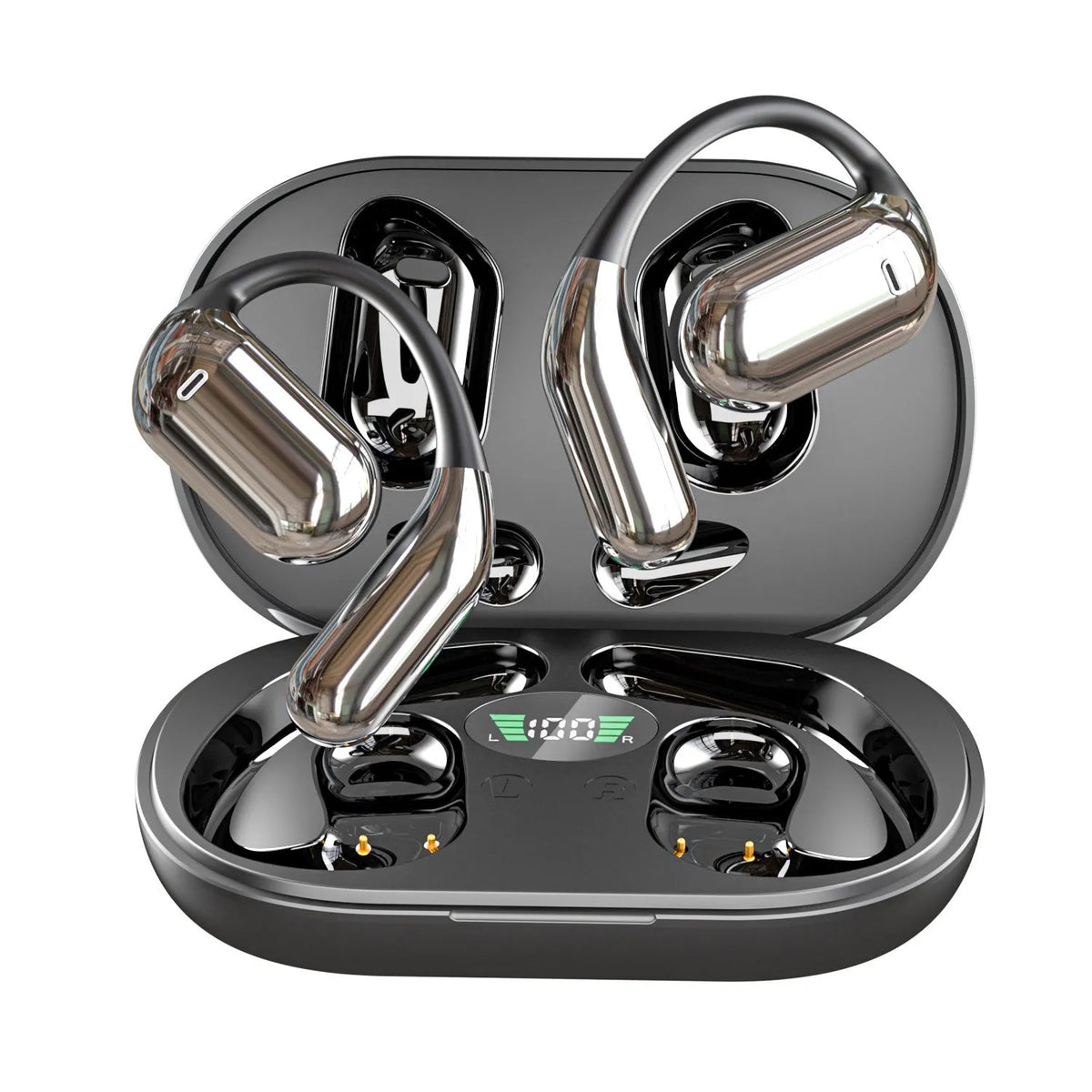 Q16S Black sports ear hook Bluetooth headset with digital display, side view of ear hook design