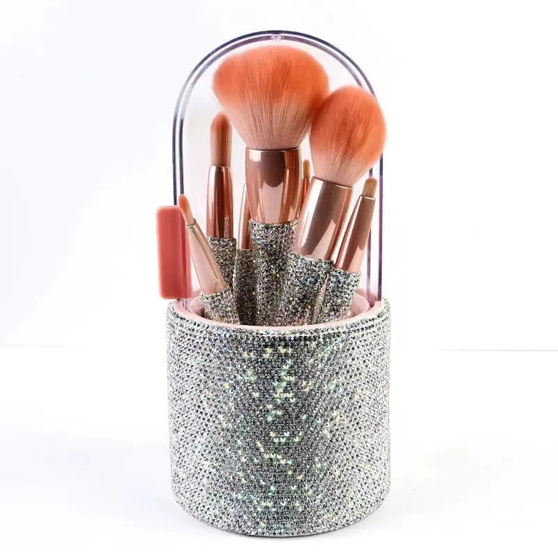 Light luxury diamond-embedded makeup brush set with 8 brushes and storage bucket in white and pink