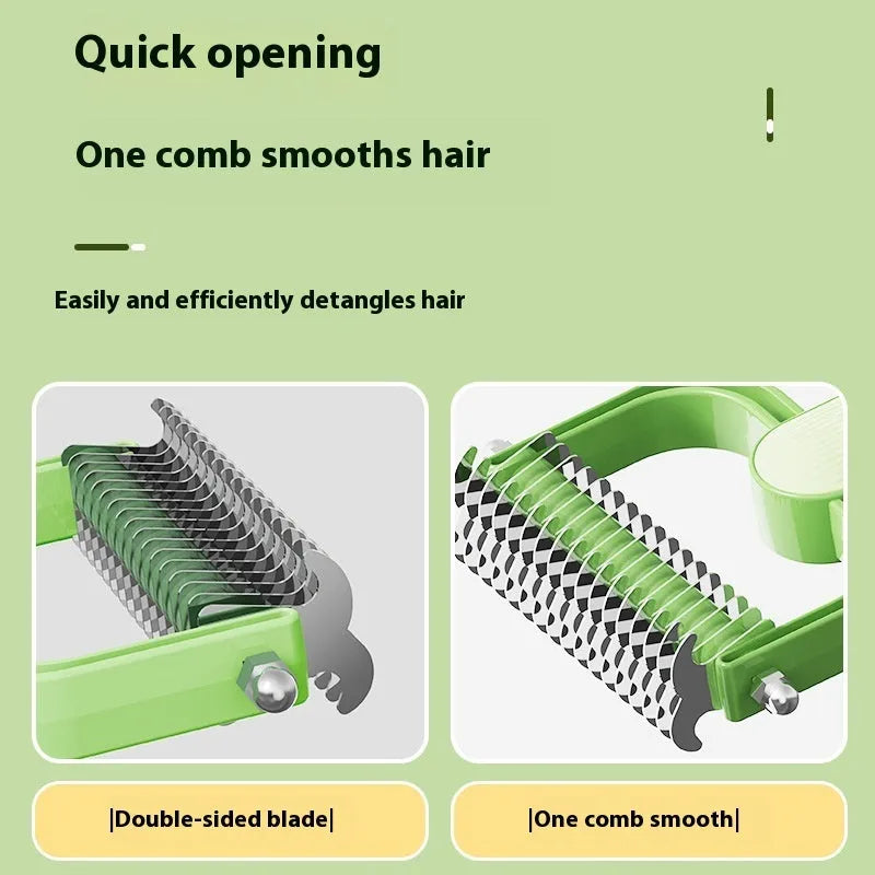 Green and grey dog grooming comb with stainless steel teeth on a PP handle, shown in large and small sizes.