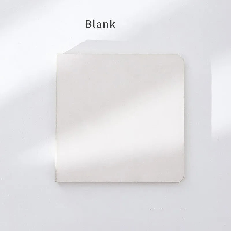 Square notebook with embossed fruit cover design showing 14.5cm dimensions and thickened paper pages
