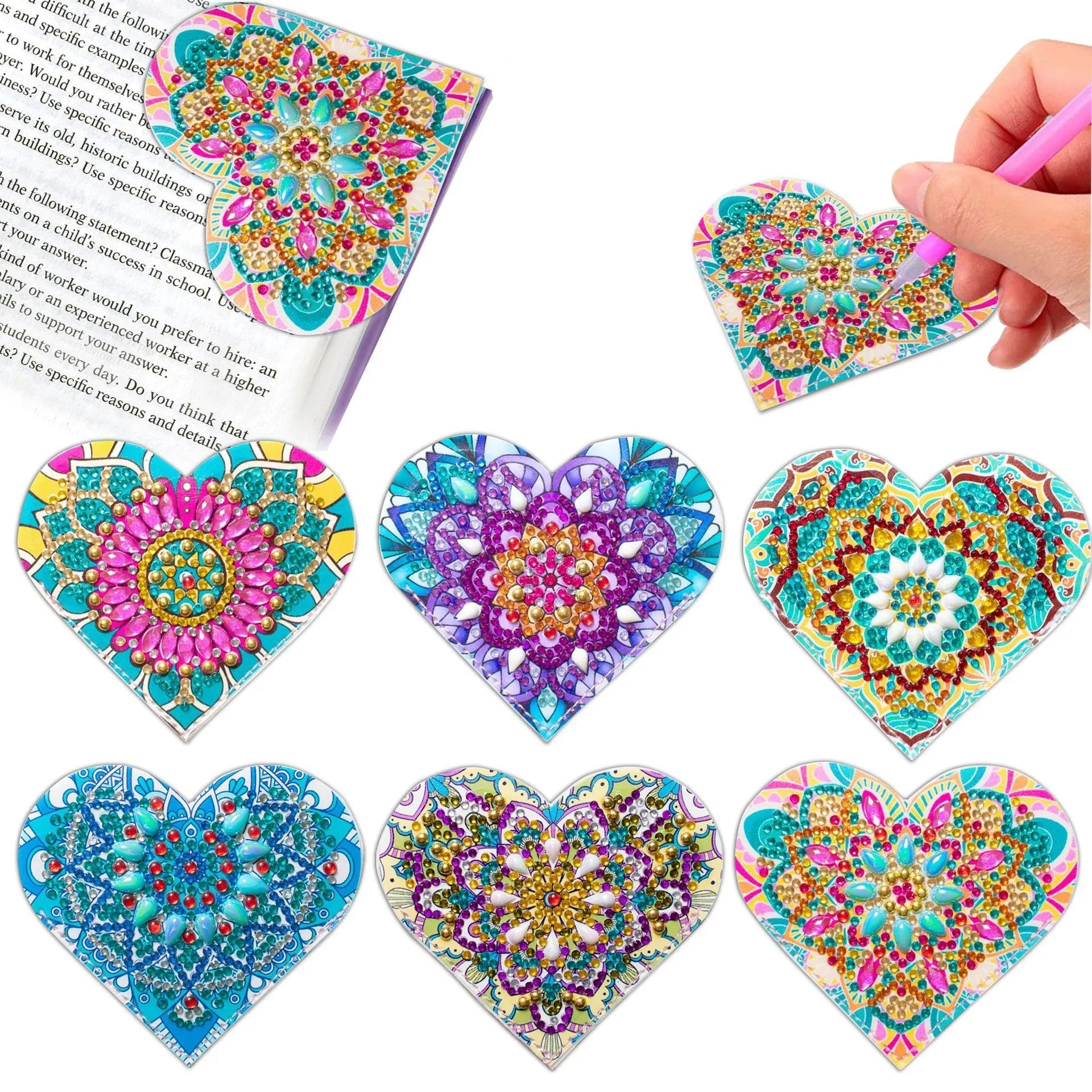 Set of six handmade leather bookmarks with crystal flowers on cornerites.