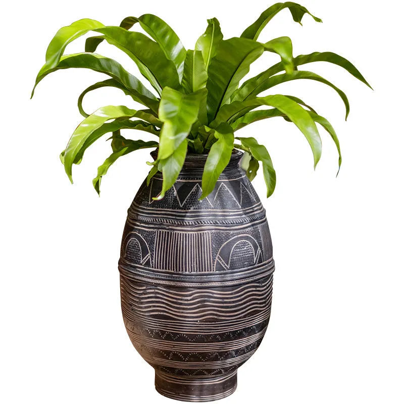 Cement African art ancient pot decorative flower pot medium size with drainage holes