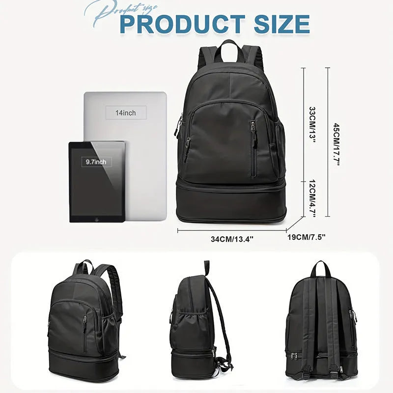 Women's casual backpack in black with curved adjustable shoulder straps showing stitching details