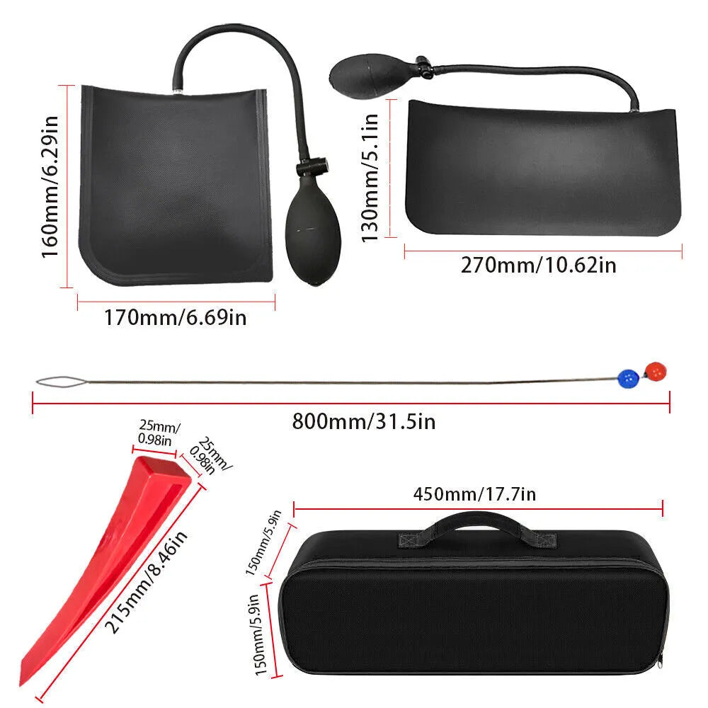 13-piece car tool kit with no damage air wedge bag and stainless steel long reach tools