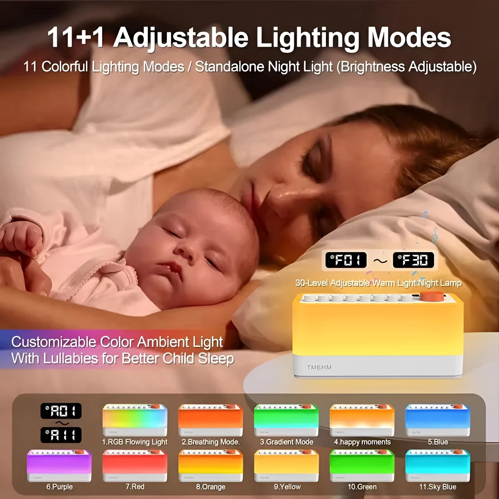 White noise sleep sound machine with Bluetooth speaker, RGB night light, and digital display, 180x73x80mm