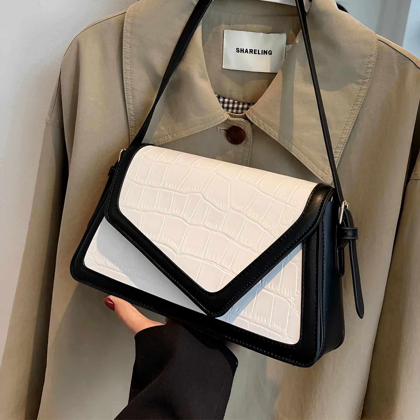 Stone pattern textured square shoulder bag in PU leather with single shoulder strap