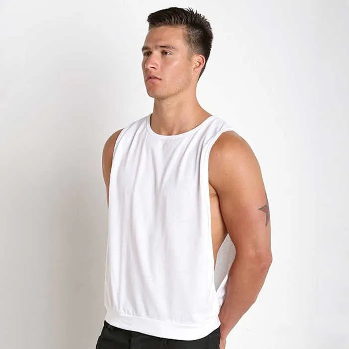 Men's sleeveless loose fit sports vest with large side slits in black, round neck, pullover style