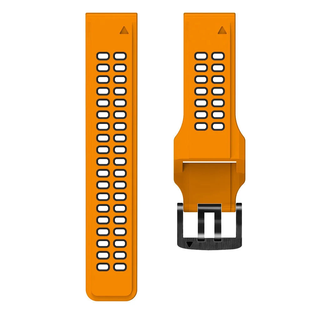 Two-tone silicone watch strap with quick release mechanism and ventilation holes in black and orange colour