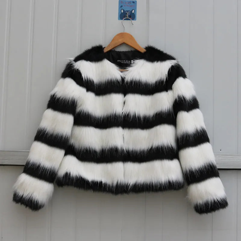 Women's black and white striped artificial fur leather jacket with regular sleeves