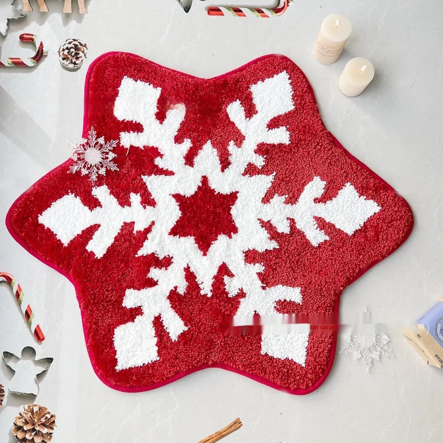 Christmas carpet with round pad design in polyester fibre available in 60cm and 80cm square sizes