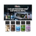 Car air freshener refill set with five small bottles of fragrance oil for vent clips.