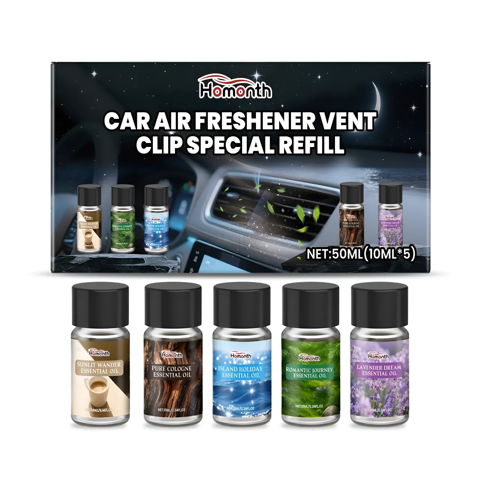 Car air freshener refill set with five small bottles of fragrance oil for vent clips.