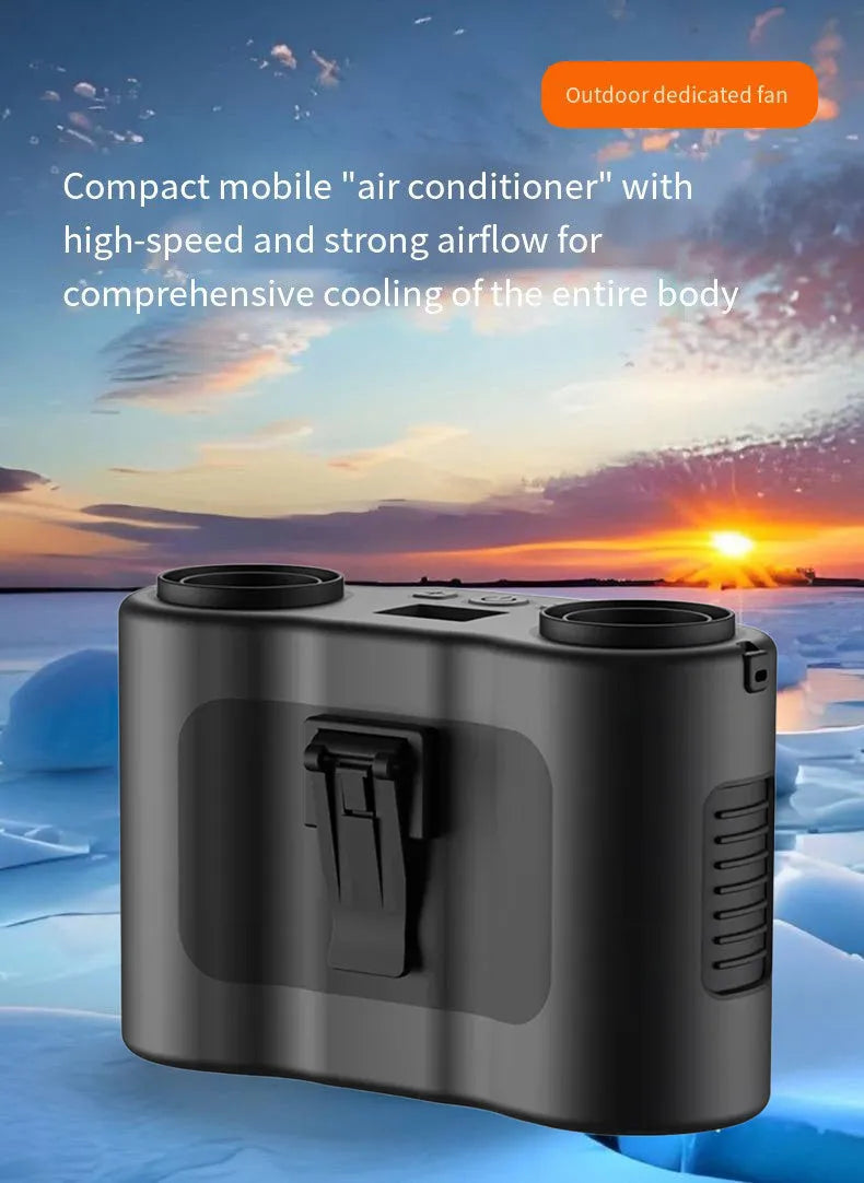 Black 2025 model waist-hung personal fan with waist buckle and neck lanyard for outdoor use.