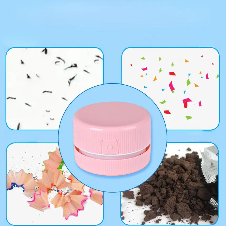 Pink and blue mini handheld desktop vacuum cleaner for pencil shavings and fine debris