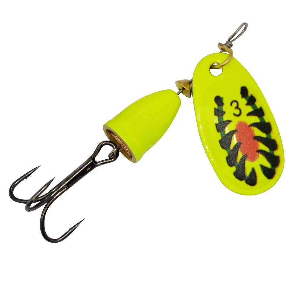 R composite rotating sequin copper bell metal fishing lure in seven metallic colour options.