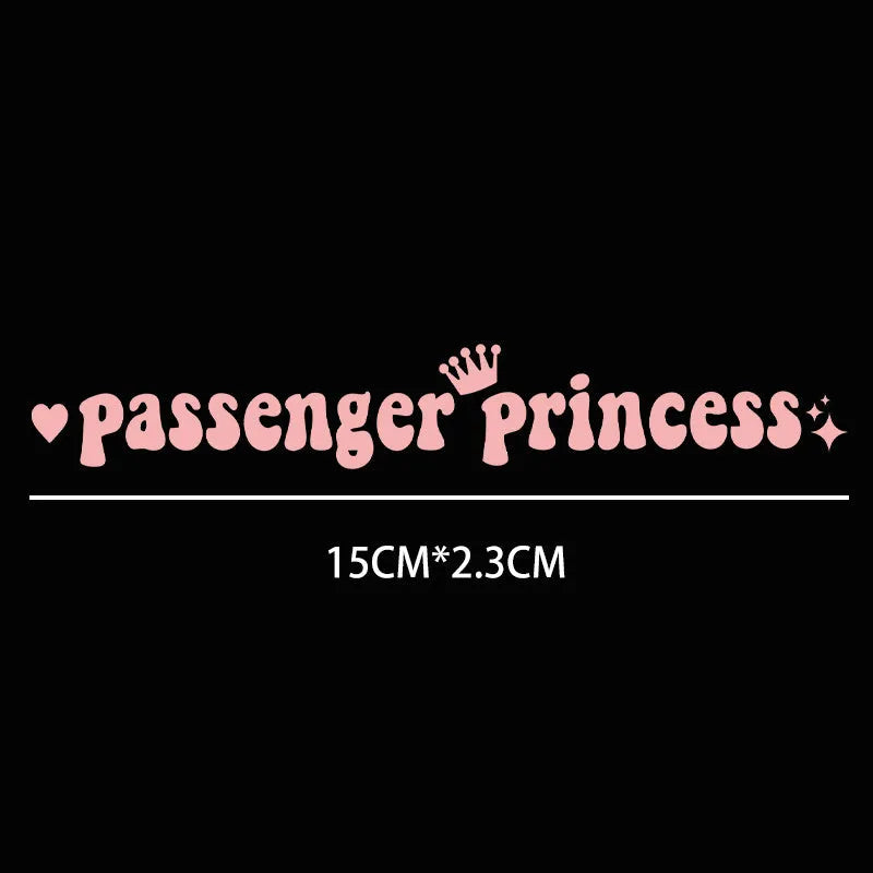 Passenger Princess black vinyl car sticker on a car rearview mirror.