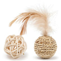 Primary colour cat toy set showing hollow rattan ball and faux feather bell ball on wooden floor