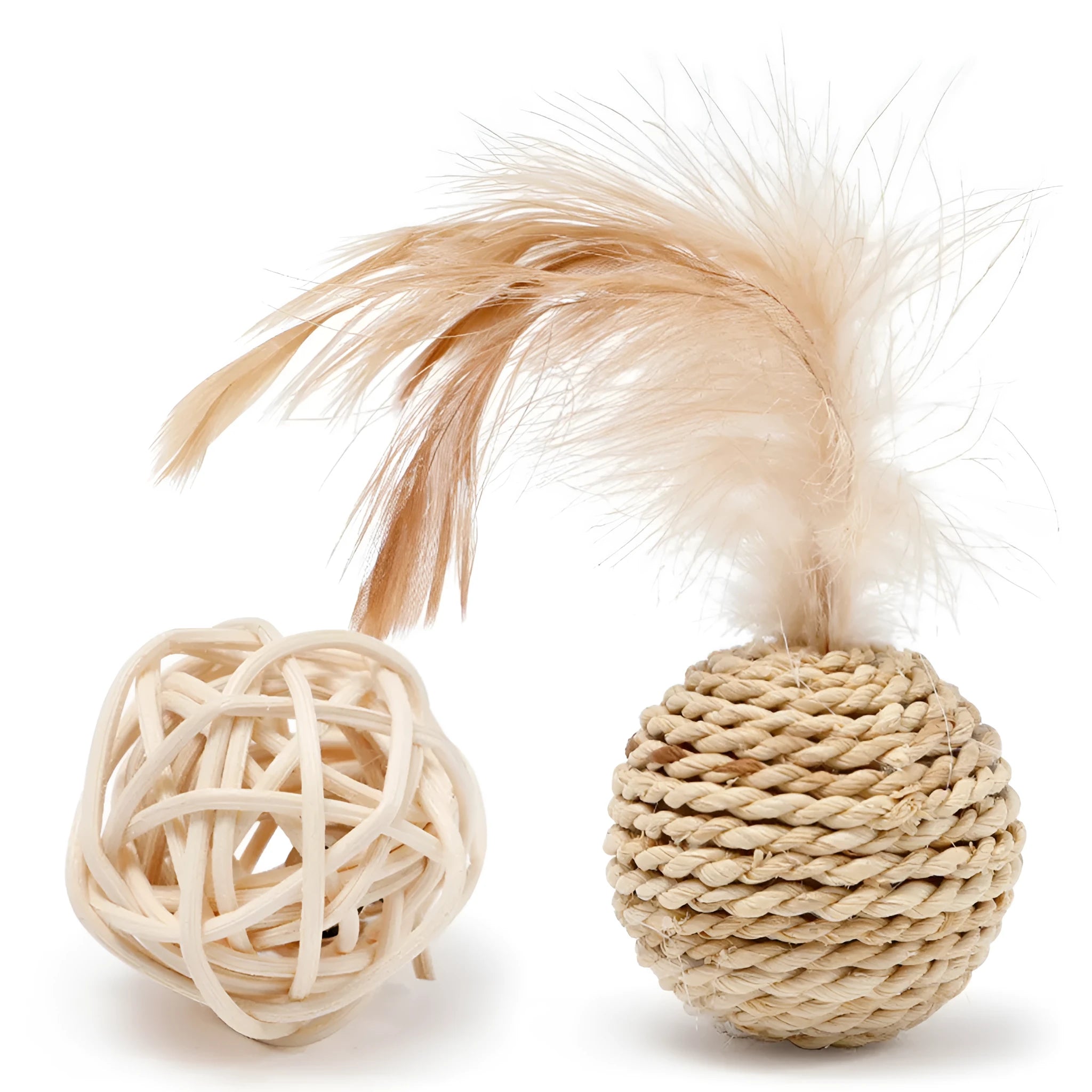 Primary colour cat toy set showing hollow rattan ball and faux feather bell ball on wooden floor