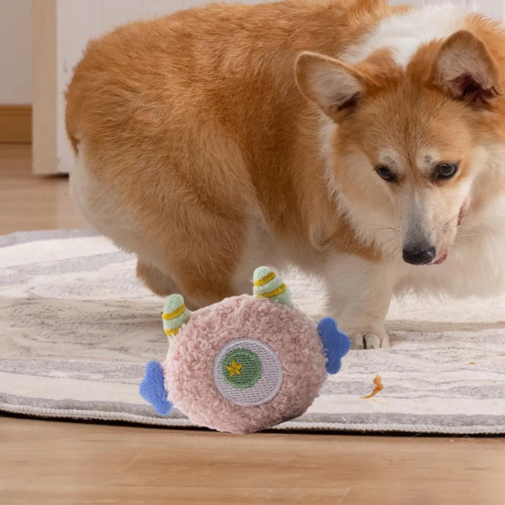 Cartoon-shaped plush dog chew toy with large eyes and squeaker sound feature