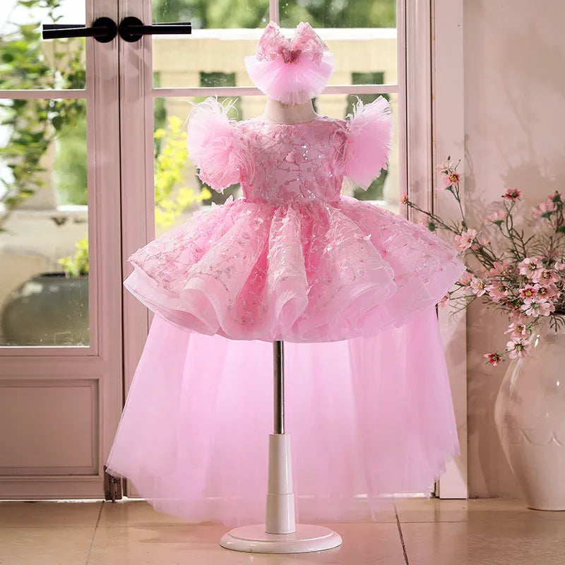 Pink polyester girls princess dress with layered pettiskirt in 80-150cm height sizes