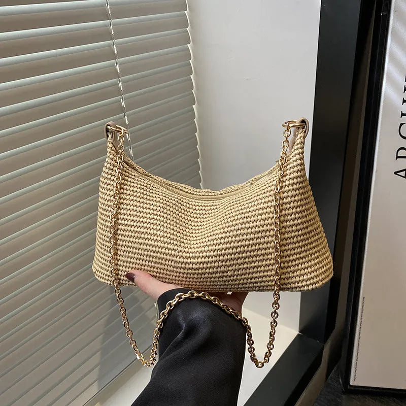 Women's woven straw crossbody bag with internal phone compartment in black, khaki, or white