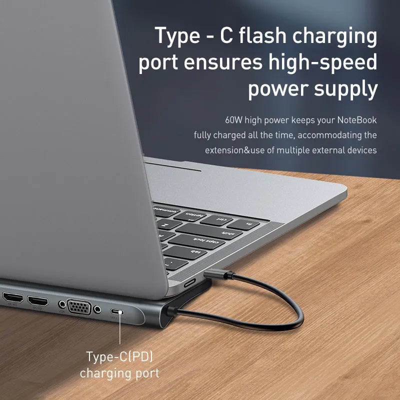 Grey aluminium ten-port docking station with cooling bracket showing HDMI, VGA and USB ports