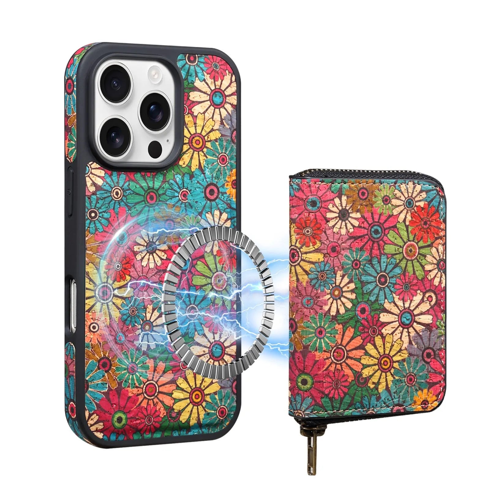 Huanyu cork anti-theft zipper phone case in green with 3D floral rose design for iPhone 17 Pro Max
