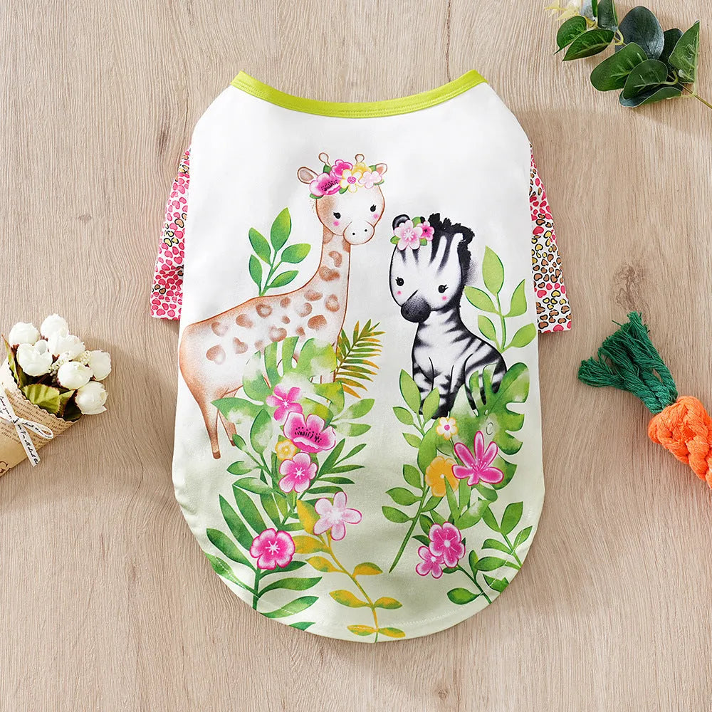 Full print casual T-shirt on a small dog, showing the patterned polyester fabric.