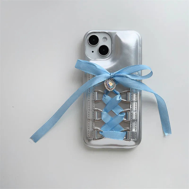 Electroplated silver PC phone case with shoelace bow for iPhone 15, blue colour