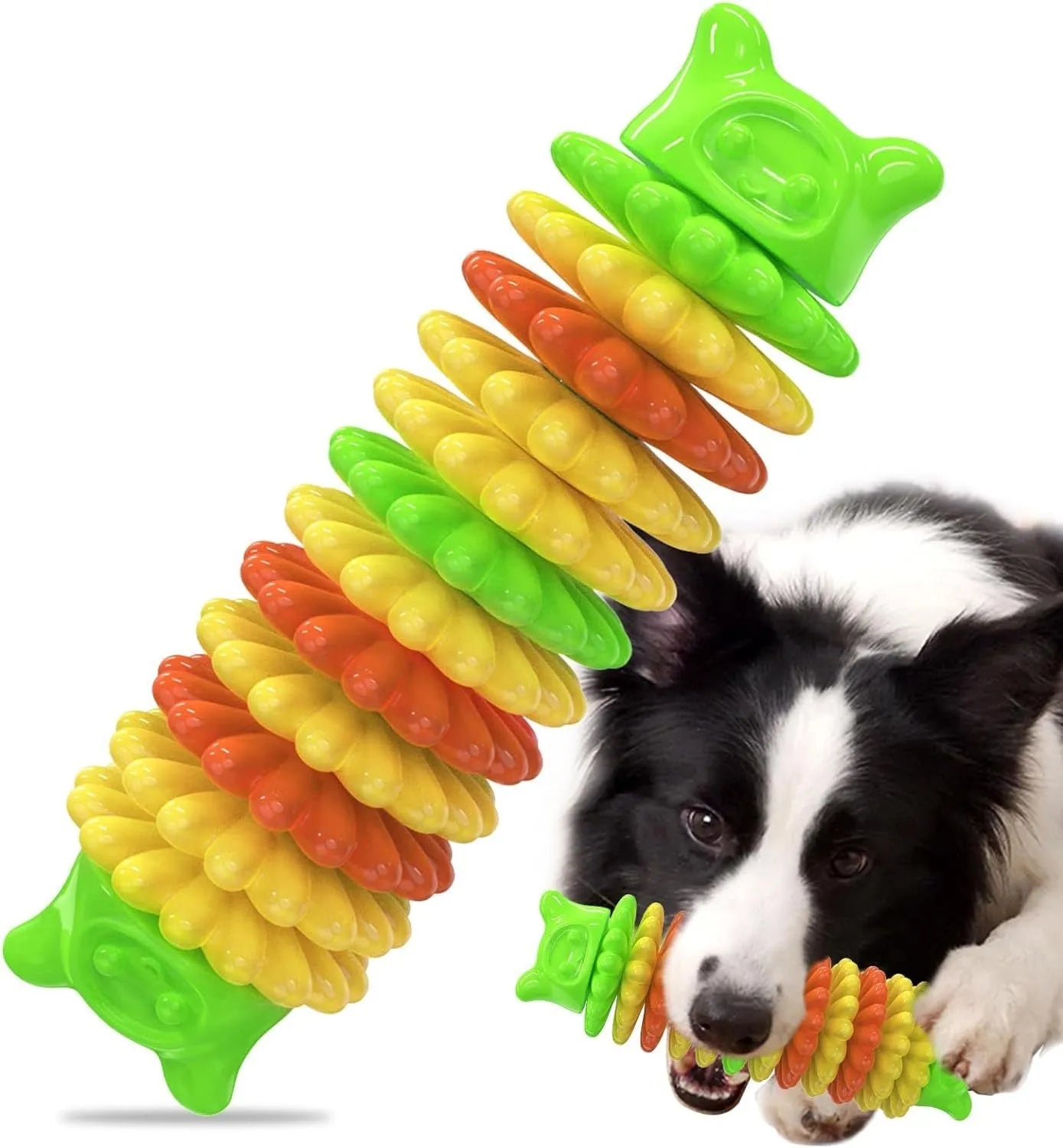 Blue caterpillar-shaped dog chew toy made from natural rubber for aggressive chewers.