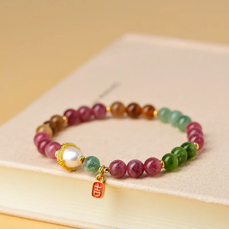 Geometric chalcedony bead bracelet with adjustable string closure in tourmaline colour
