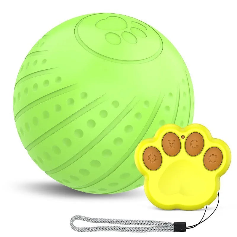 Bite-resistant rubber dog toy ball in blue, green, or orange with automatic rolling and remote control option