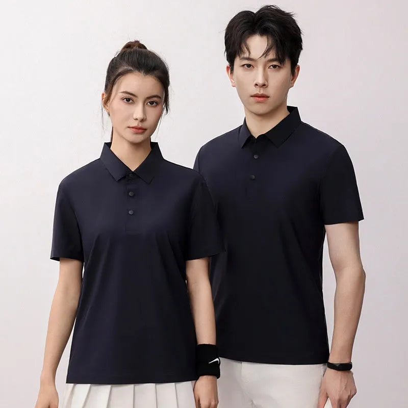 Men's loose fit short sleeve polo shirt in sky blue, shown on a model for summer sport.