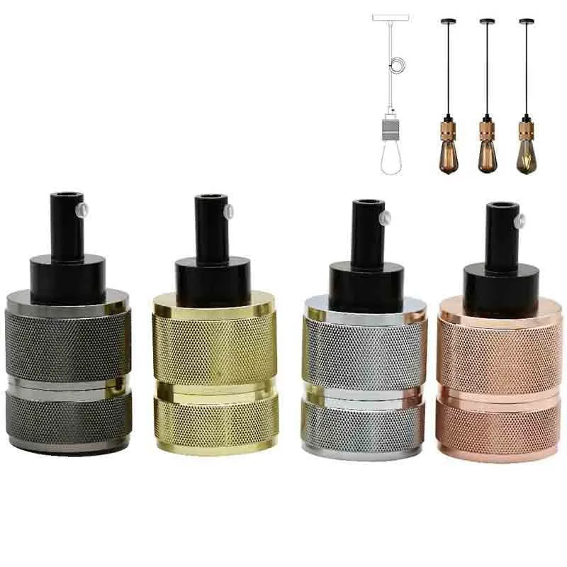 DIY retro chandelier ceiling light kit showing metal lamp holders and woven black cord.